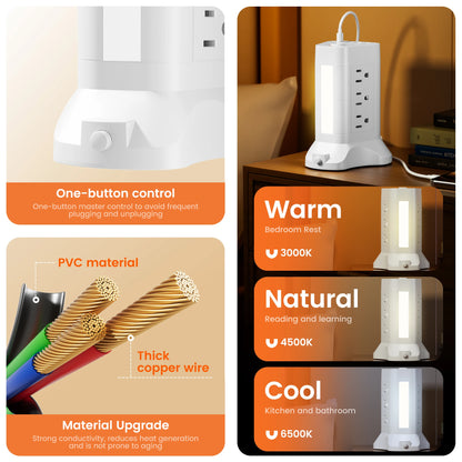 Power Tower with 13 Outlets, USB-C Fast Charging & Adjustable Night Light – 10Ft Cord