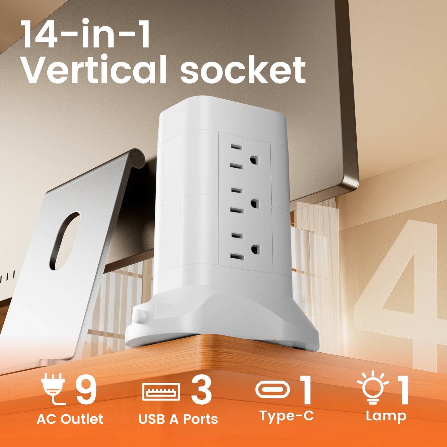 Power Tower with 13 Outlets, USB-C Fast Charging & Adjustable Night Light – 10Ft Cord