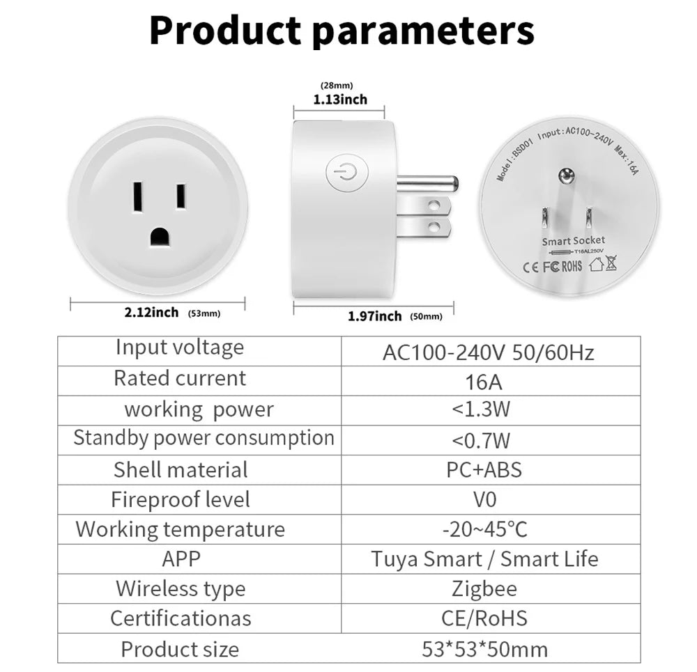 Smart WiFi Plug with Power Monitoring – Tuya Zigbee, Alexa & Google Compatible (US 16A)
