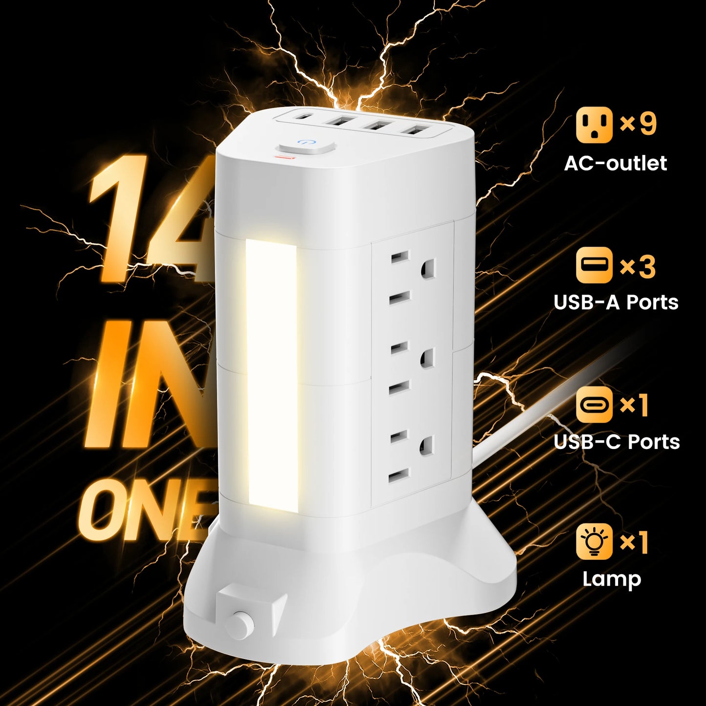 Power Tower with 13 Outlets, USB-C Fast Charging & Adjustable Night Light – 10Ft Cord