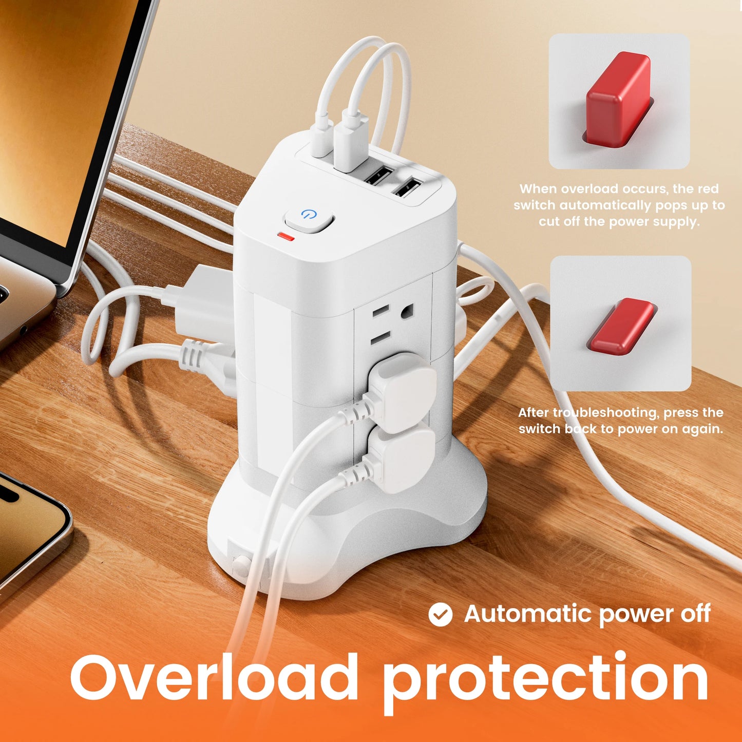 Power Tower with 13 Outlets, USB-C Fast Charging & Adjustable Night Light – 10Ft Cord